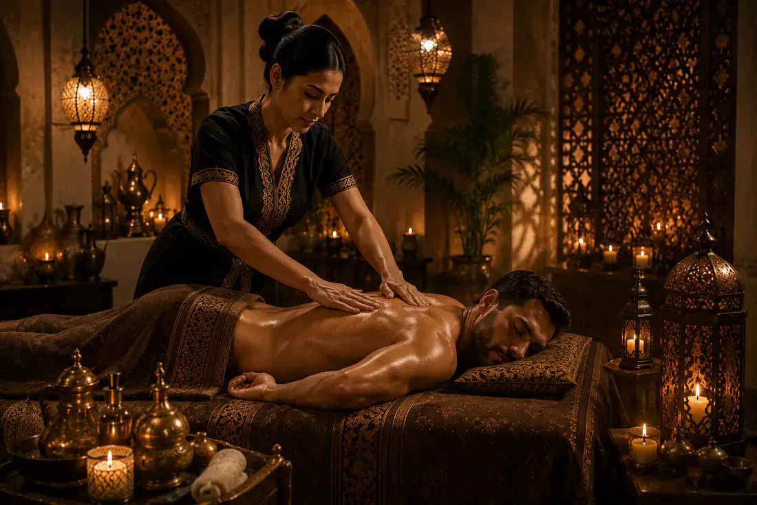 Therapist applying firm deep tissue pressure along a client's back during a treatment at Next Balance Spa, Dubai