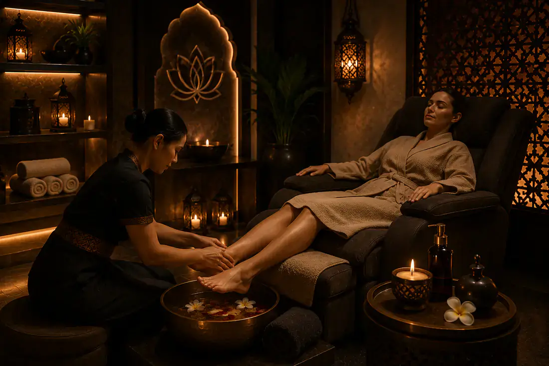 Foot massage and reflexology treatment in a reclining spa chair with a warm floral foot soak at Next Balance Spa