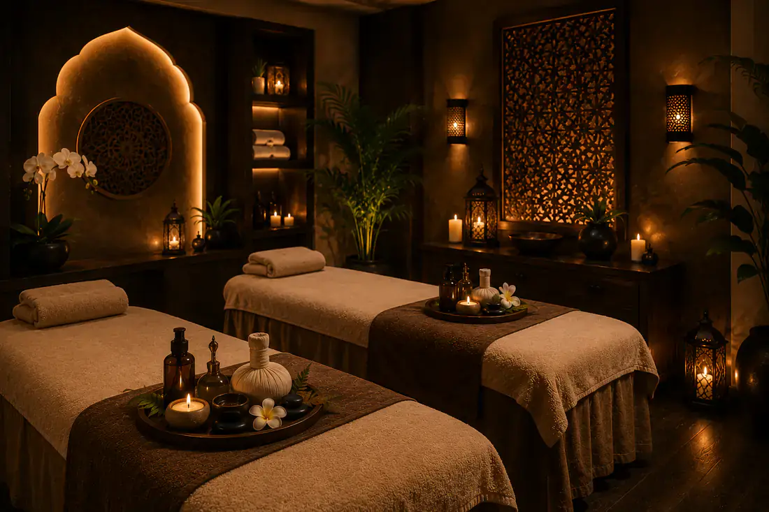 Couples treatment room with two massage beds, orchids and a backlit carved medallion