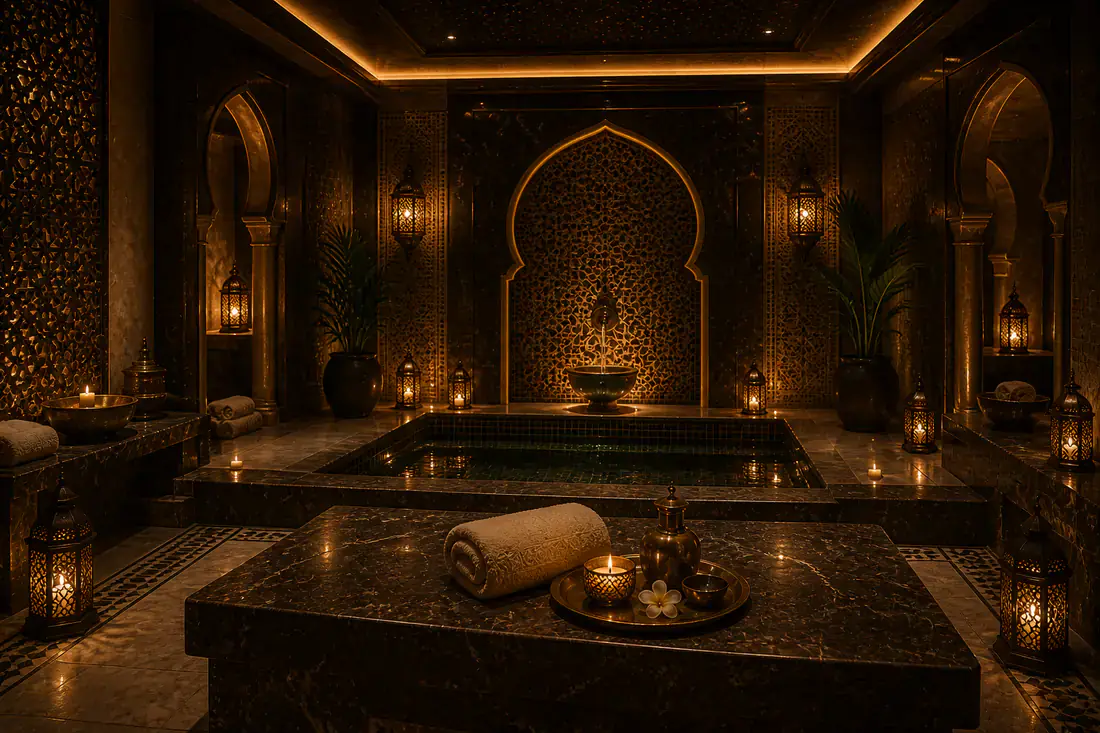 Moroccan hammam suite with a mosaic plunge pool, carved screens and brass lanterns