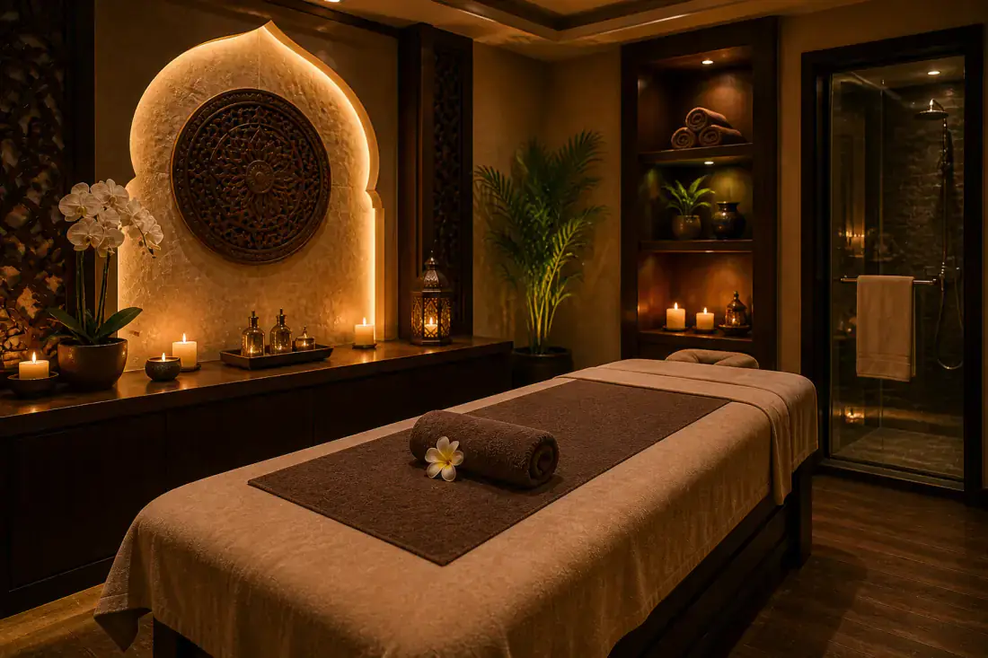 Private treatment room 2 at Next Balance Spa in Al Jaddaf, Dubai, prepared with fresh linen and candlelight