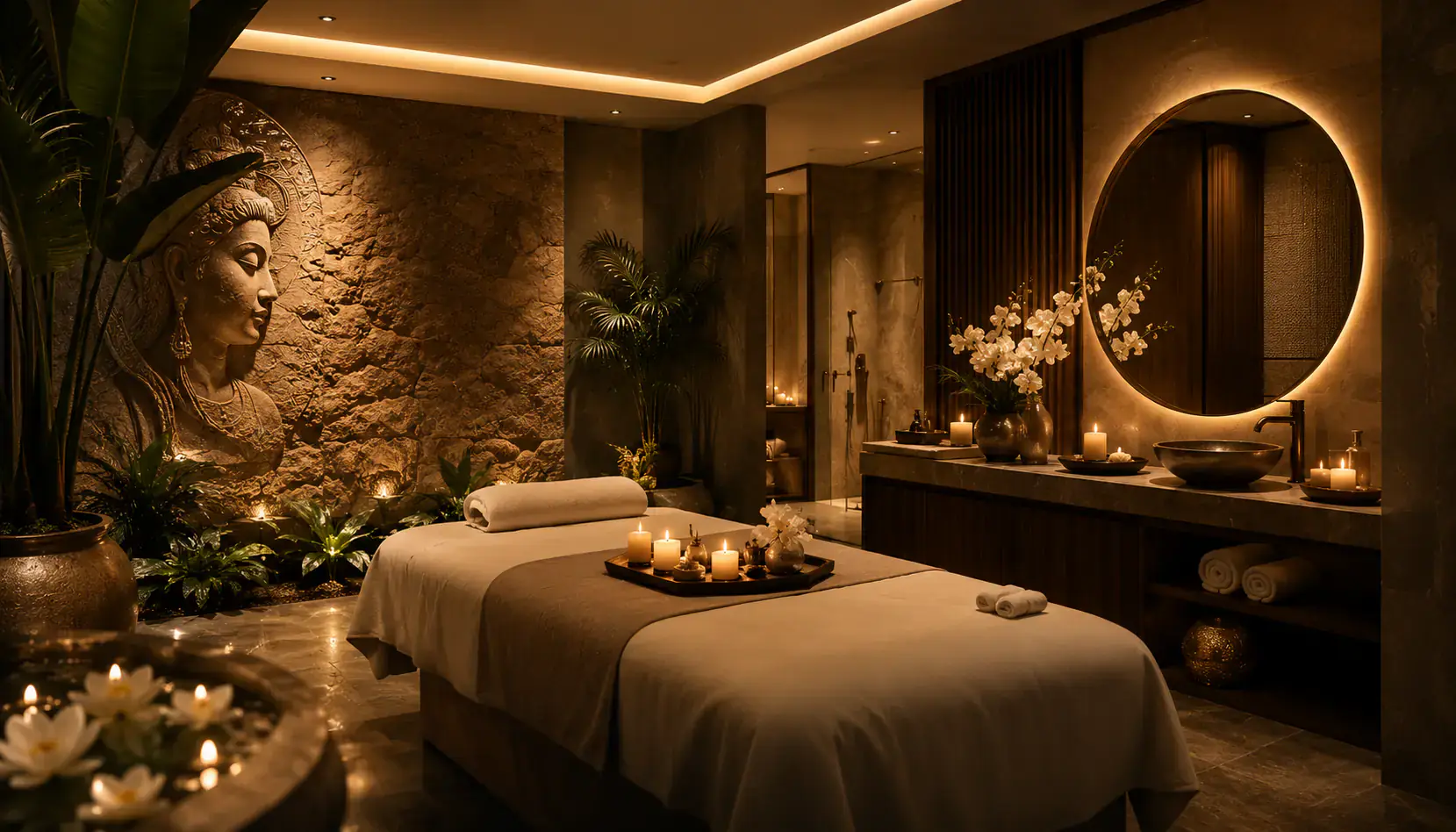 Candlelit private treatment room at Next Balance Spa in Al Jaddaf, Dubai, with a prepared massage bed, carved stone feature wall and tropical planting
