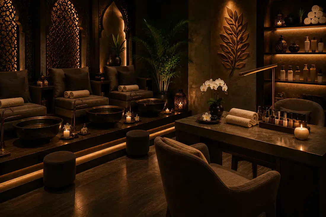 Manicure and pedicure suite at Next Balance Spa with cushioned pedicure chairs, brass basins and a polish bar