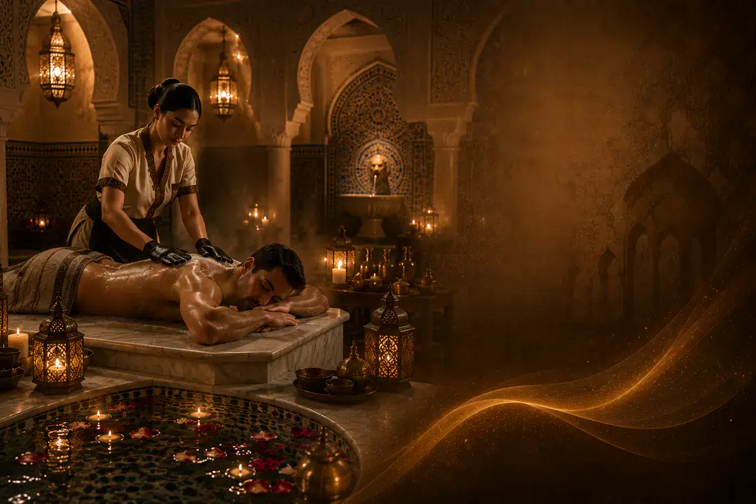 Traditional Moroccan bath hammam suite with heated marble slab, mosaic basin and brass lanterns at Next Balance Spa