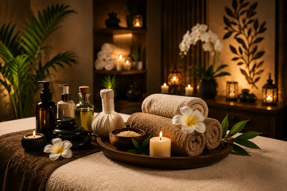 Massage bed set with warm towels, herbal compress, aromatic oils and hot stones for a relaxation massage